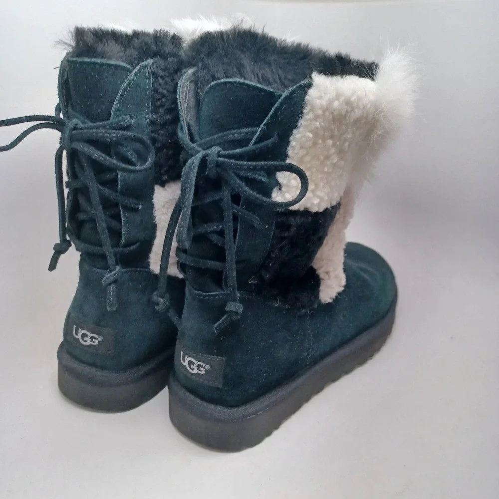 UGG Australia Women Black Suede Mixed Faux Fur Lace Up Back Boots US 8